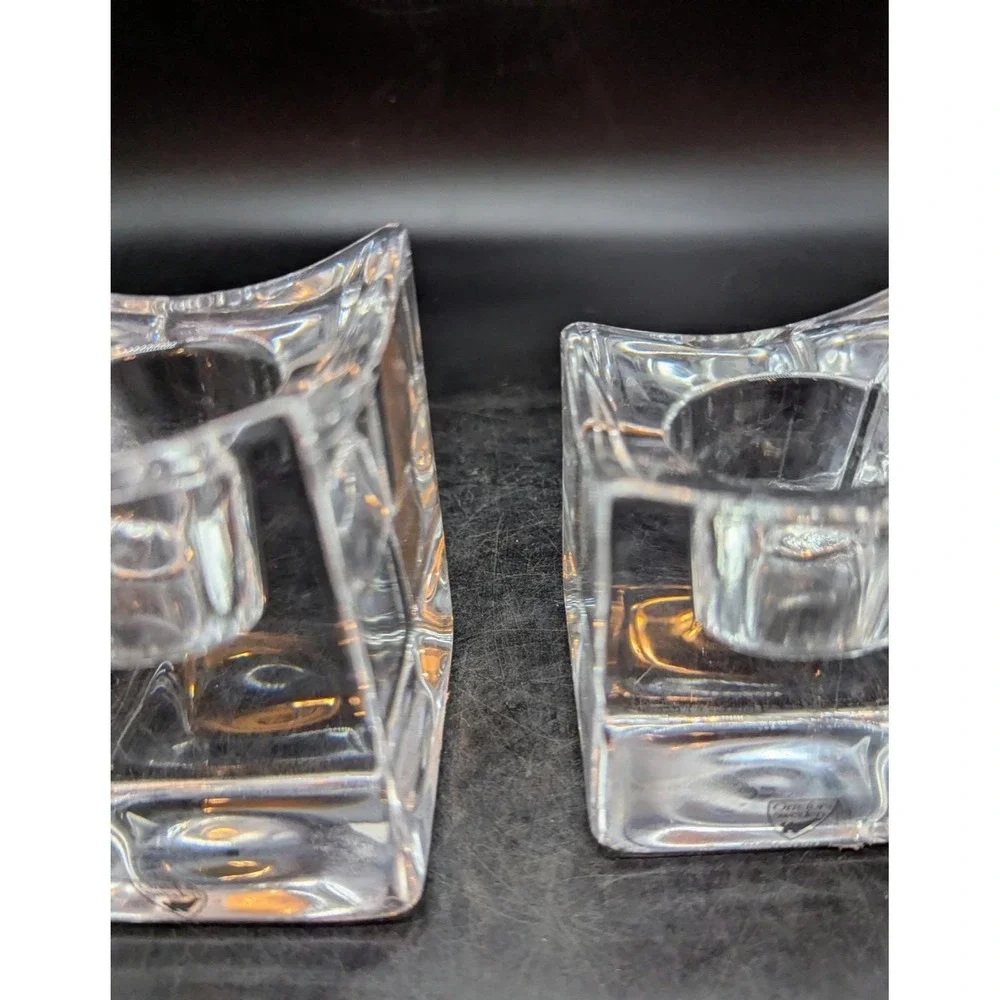 Set of 2 Orrefors Crystal Polaris Clear Votive Candle Holders Square Ice‎
